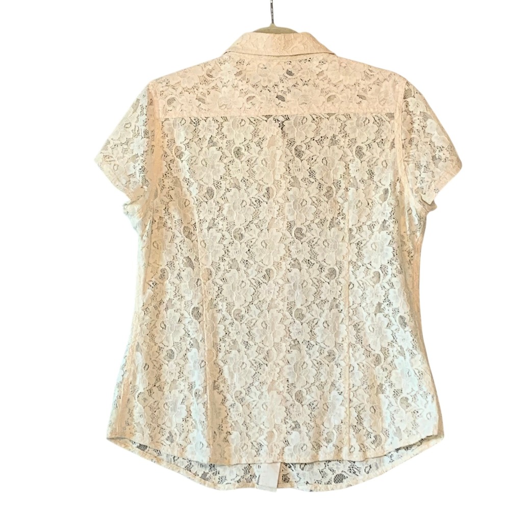 Boho Lace Floral Button Up Ivory Short Sleeve Collared Blouse Top Women's XL - Picture 3 of 8